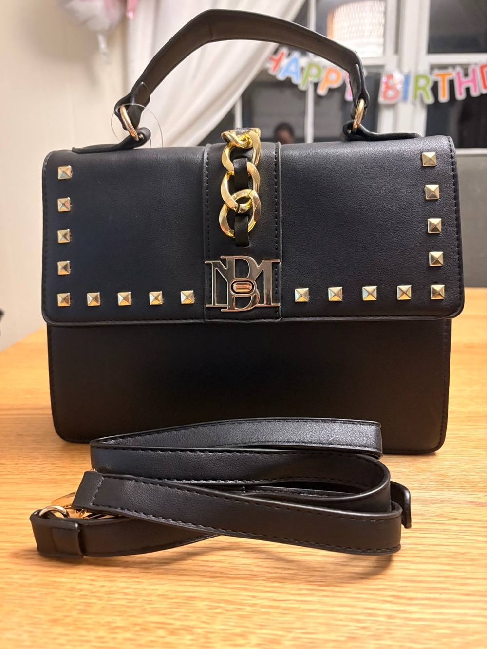 Badgley Mischka Black Satchel with Gold Stud & Chain Detail